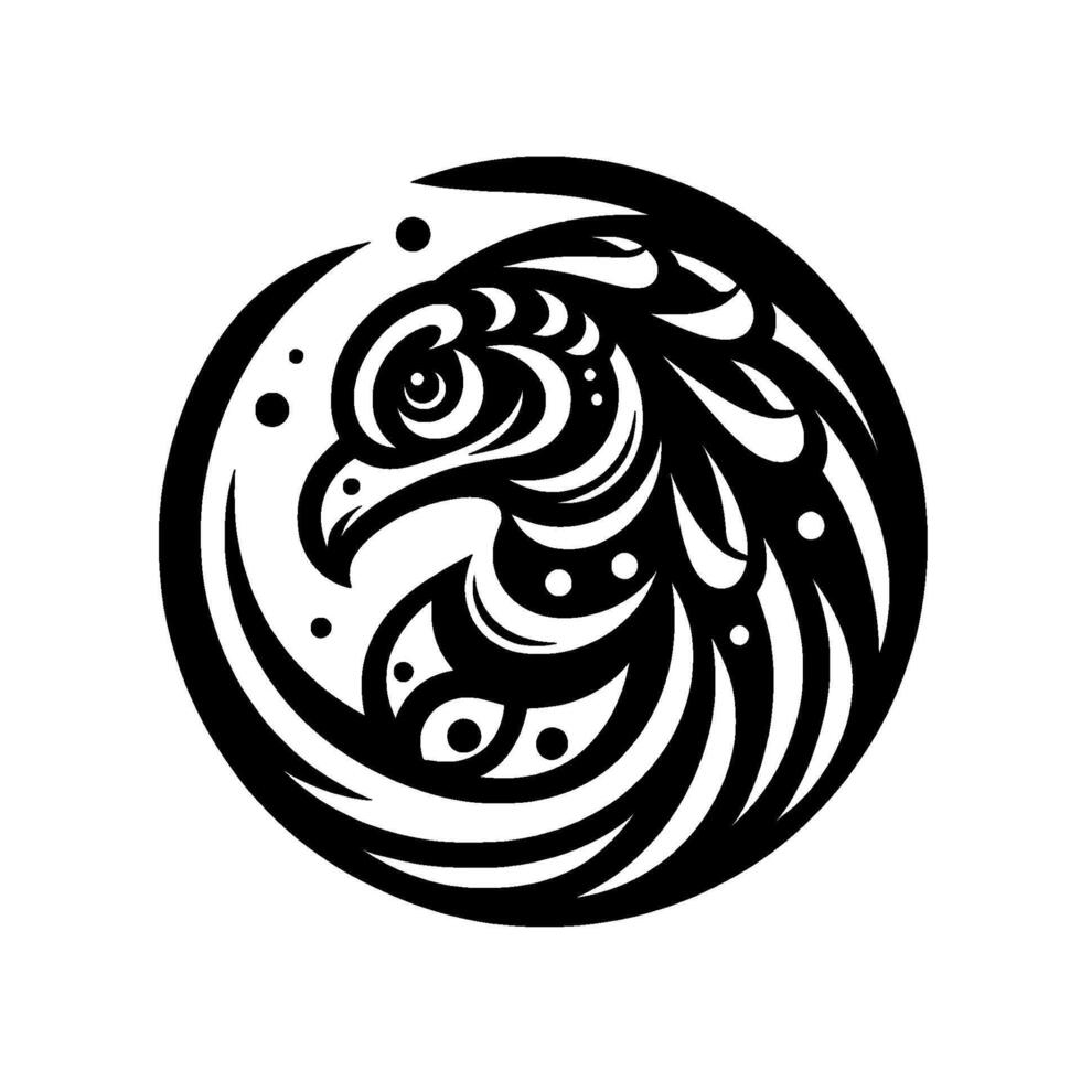 Stylized Black and White Eagle Head Encircled with Abstract Elements on White, Tribal Inspired. vector