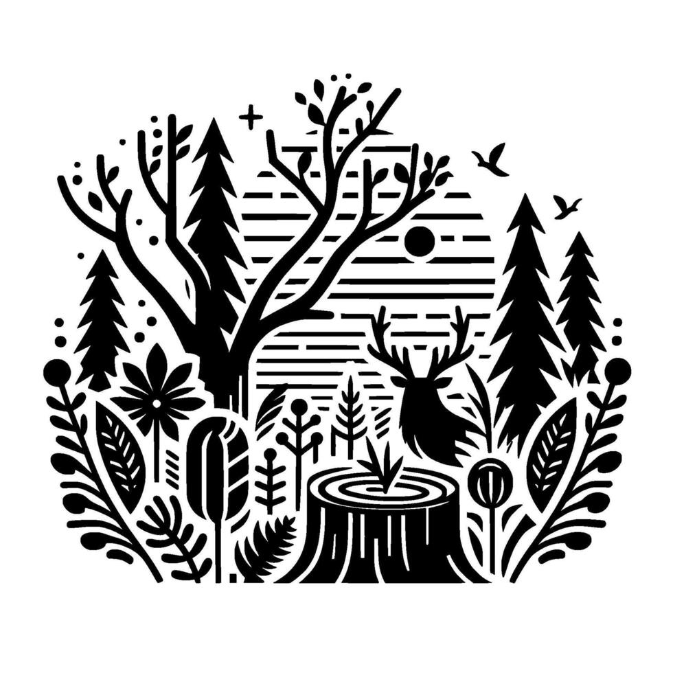 Black and white stylized illustration of a forest scene with a deer, trees, and a rising sun, evoking a minimalist nature aesthetic. vector