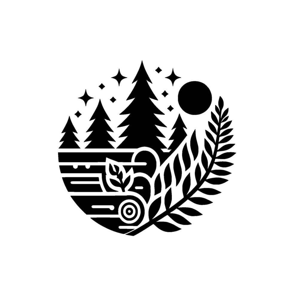 Stylized Black and White Nature Forest Scene with Trees, Moon, Fern, Stars, and Geometric Elements within a Circle. vector