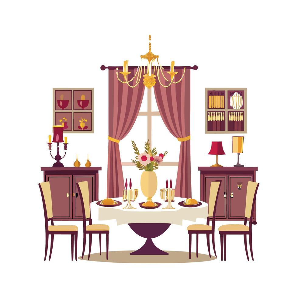 Stylish Long Dining Room Setup Icons vector