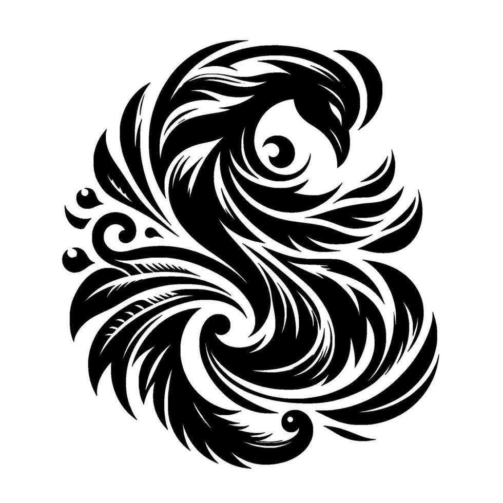 A stylized black and white phoenix , incorporating swirling featherlike patterns and a central eyeshaped motif, creating dynamic artistic flow. vector