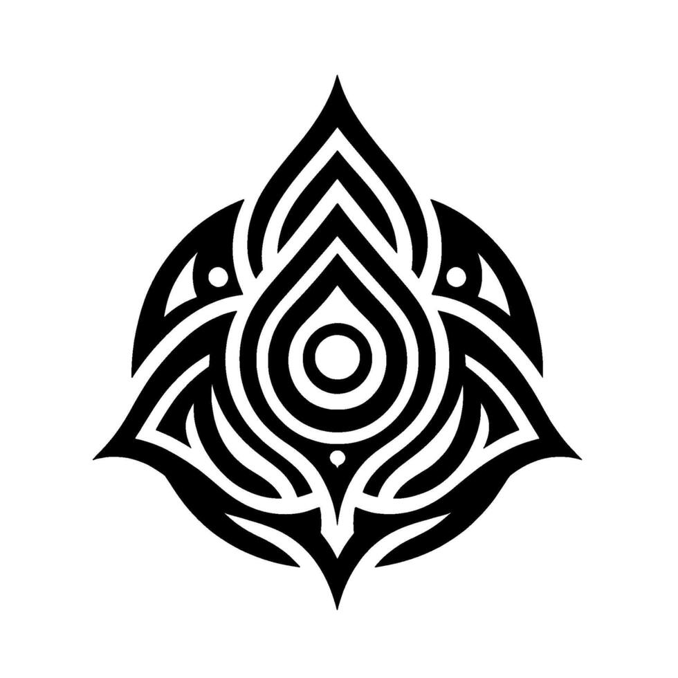 Intricate symmetrical black and white geometric of a stylized teardropshaped motif, resembling a stylized flower or spiritual symbol. vector