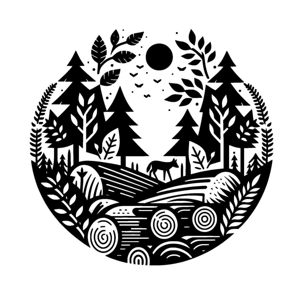 A stylized black and white forest scene, featuring a solitary wolf, towering trees, and a full moon, within a circular frame. vector