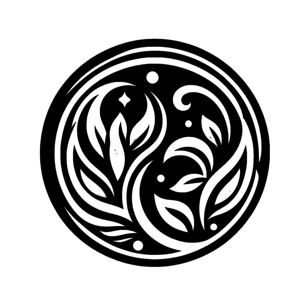 Intricate Black and White Circular Foliage Motif with Leaves, Stars, and Dots in a Symmetrical, Stylized Arrangement. vector