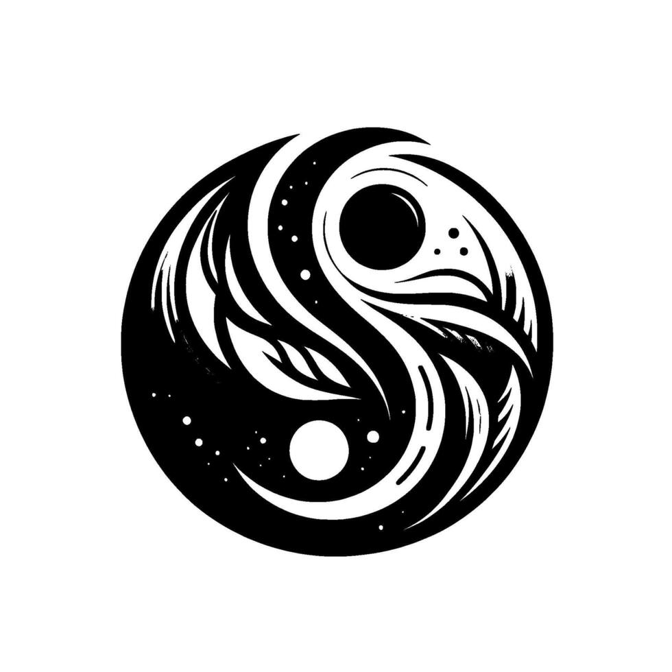 Black and White Yin Yang Ornamental, circular with intricate, flowing lines, dots and solid shapes symbolizing balance and duality. vector