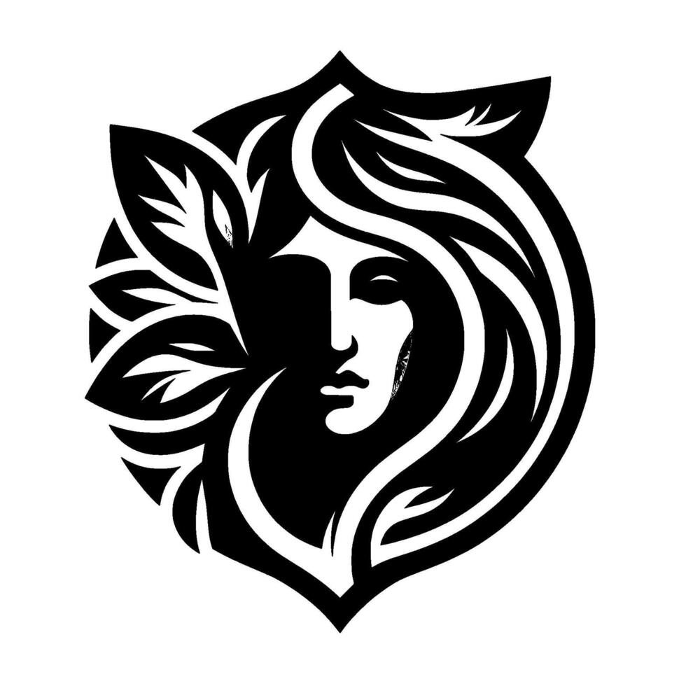Black White Emblem of a Womans Face Encircled by Leaves and Flowing Hair, Forming a Stylish, Elegant . vector