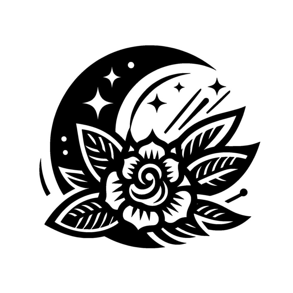 Black and White Floral Tattoo with Rose, Crescent Moon, and Starry Night Elements vector