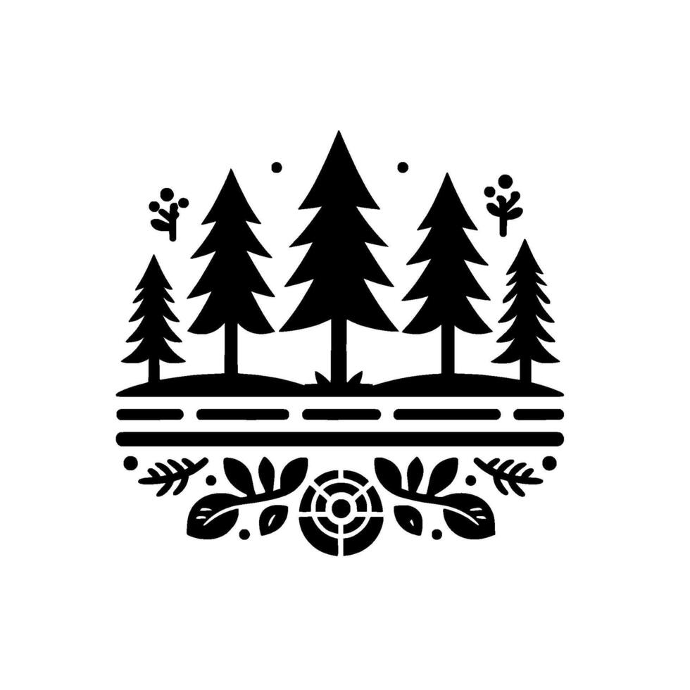 Monochromatic Forest Emblem Pine Trees, Decorative Foliage, and Geometric Road on White, a Stylized Nature Composition vector