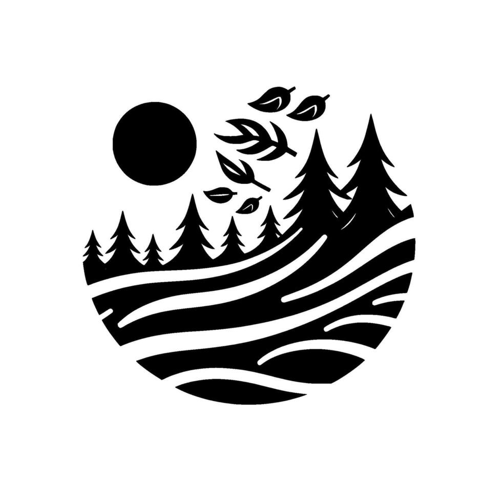 Serene Black and White Circular Illustration of a Forest Landscape with a Sun, Foliage, and Rolling Hills. vector