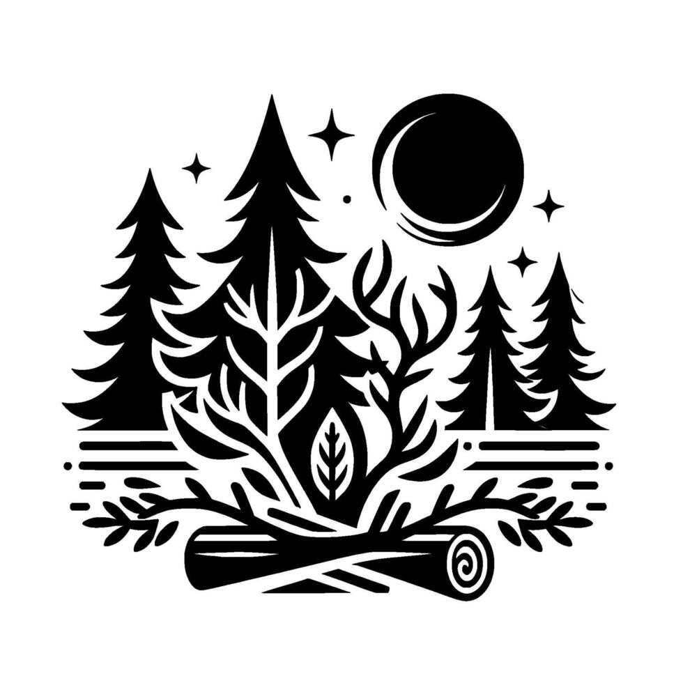 Stylized Black and White Night Forest Scene with Trees, Crescent Moon, Stars, and Campfire Log Motif. vector