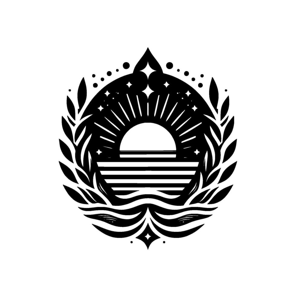 Black and white circular emblem featuring a sunrise with radiating lines, encircled by leaves, stars, and waves. vector