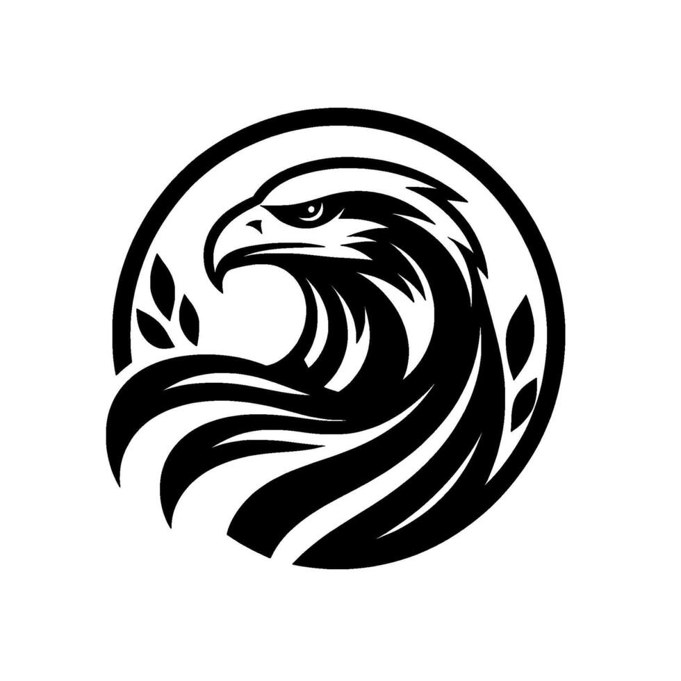 Powerful Eagle Emblem in Bold Black and White Circular with Leafy Accents, Symbolizing Strength. vector