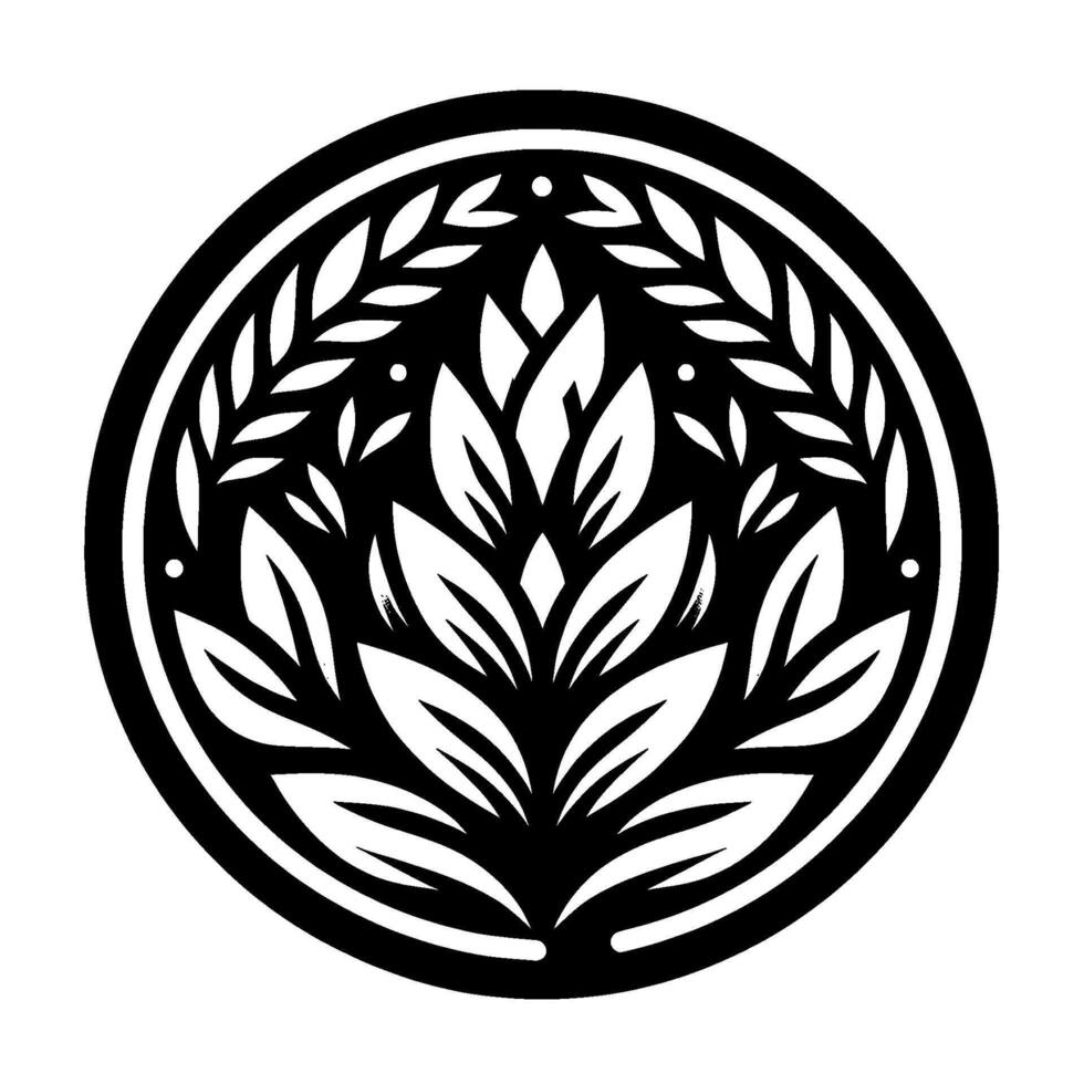 Black White Circular Featuring Leafy Floral Centerpiece with Laurel Wreath Border, Minimalist and Elegant Style. vector
