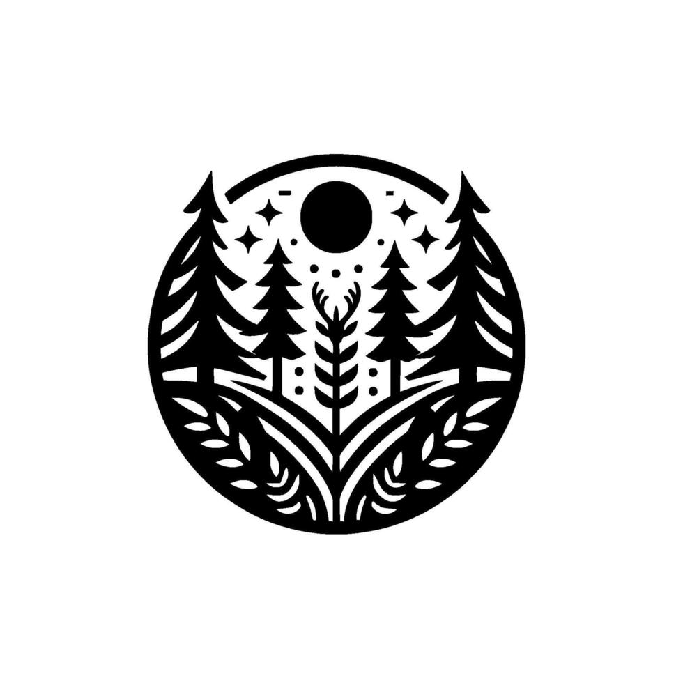 Circular monochrome illustration depicts a stylized forest scene with trees, moon, stars, and foliage. vector