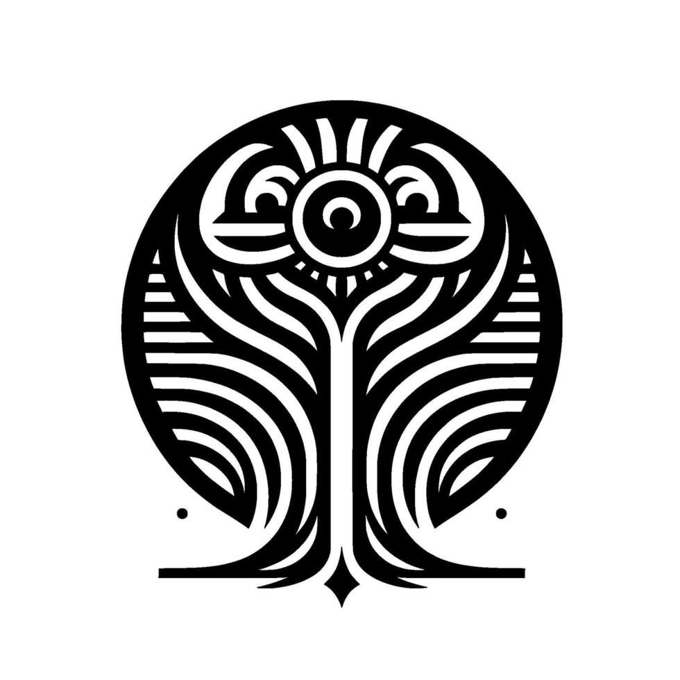 Intricate Black and White Circular Abstract Tree with Striated Branches and a Central Sunlike Element. vector