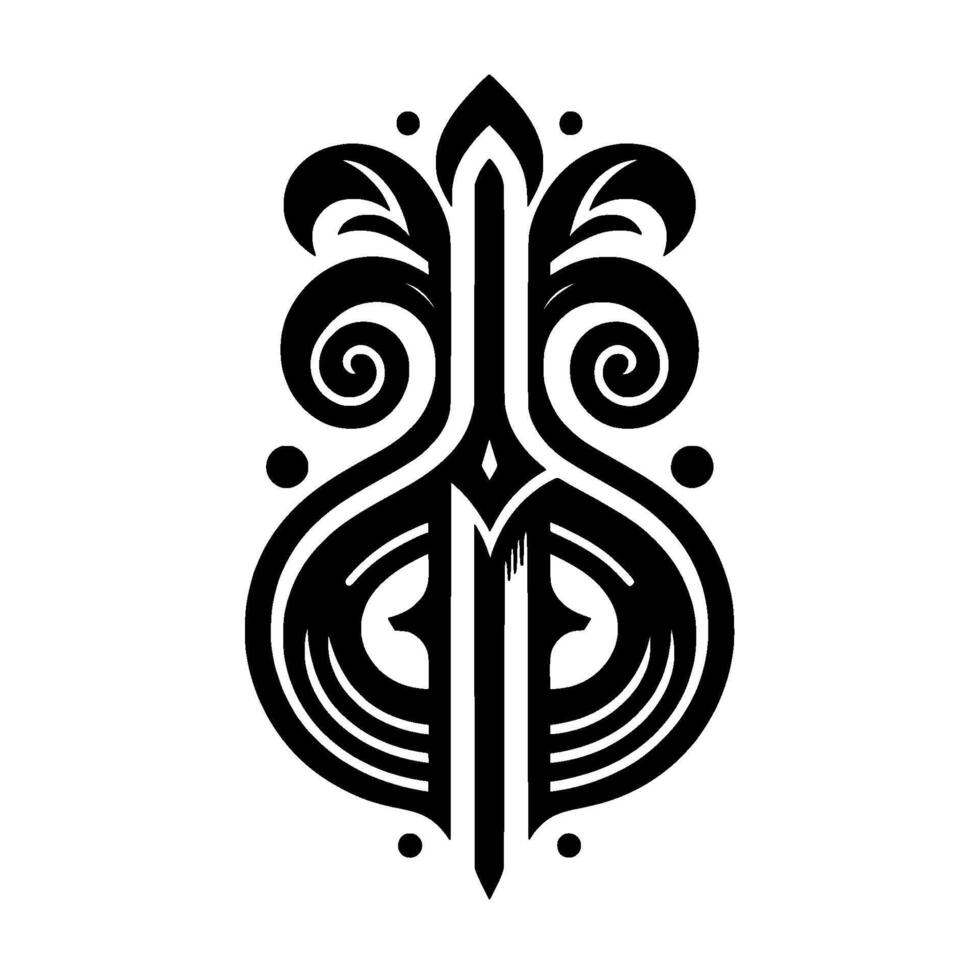 Ornate Black and White VikingInspired Decorative Emblem Symmetrical with Spirals and Lines, on a Plain Background. vector