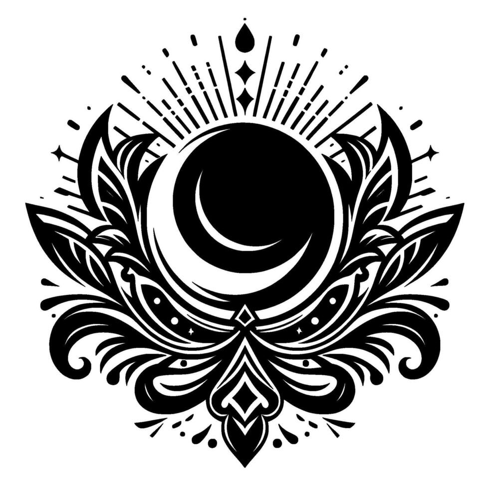 Intricate black and white crescent moon and floral ornamental emblem, featuring radiating lines, symmetrical , and delicate details. vector