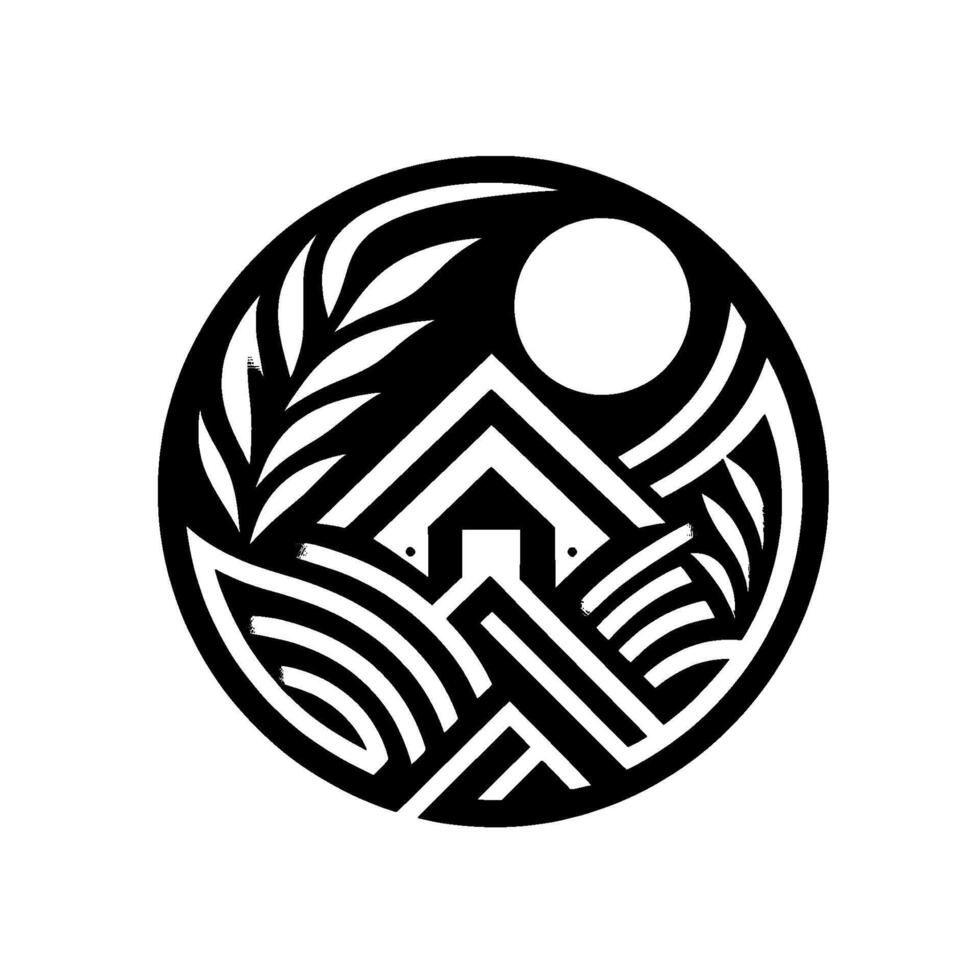A stylized black and white circular emblem of a house nestled within a landscape of hills, foliage, and a sun, evoking a sense of serenity and natures embrace. vector