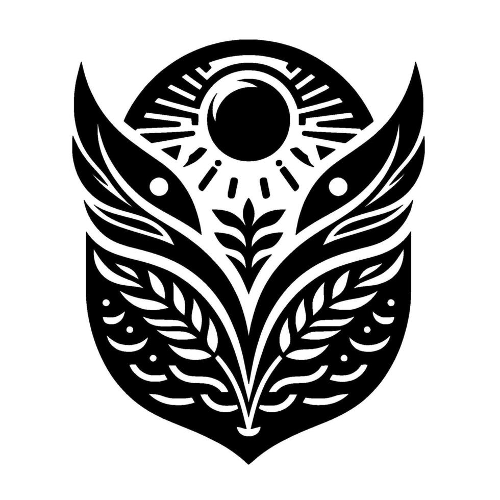 Geometric Black and White Emblem Sun, Leaves, and WingLike Elements in a Symmetrical on a White Background. vector
