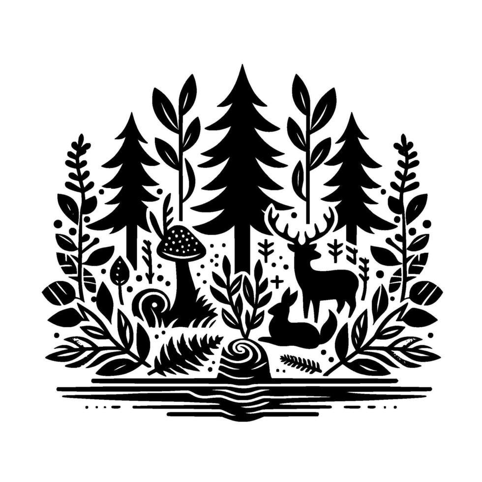 A stylized black and white forest scene, featuring a deer, rabbit, mushrooms, trees, and foliage arranged symmetrically with a minimalist aesthetic. vector