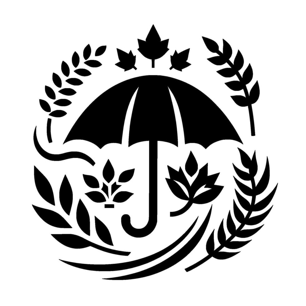 Black and white stylized emblem featuring an umbrella, surrounded by floral and foliage elements like leaves and branches, creating a protective and natural . vector