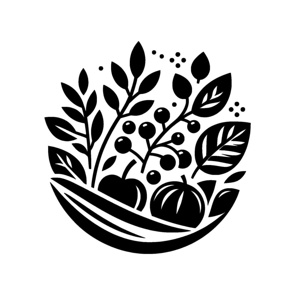 Stylized Black and White Illustration of Harvest Bounty Apples, Berries, and Gourds in a Circular Arrangement with Leaves and Dots. vector