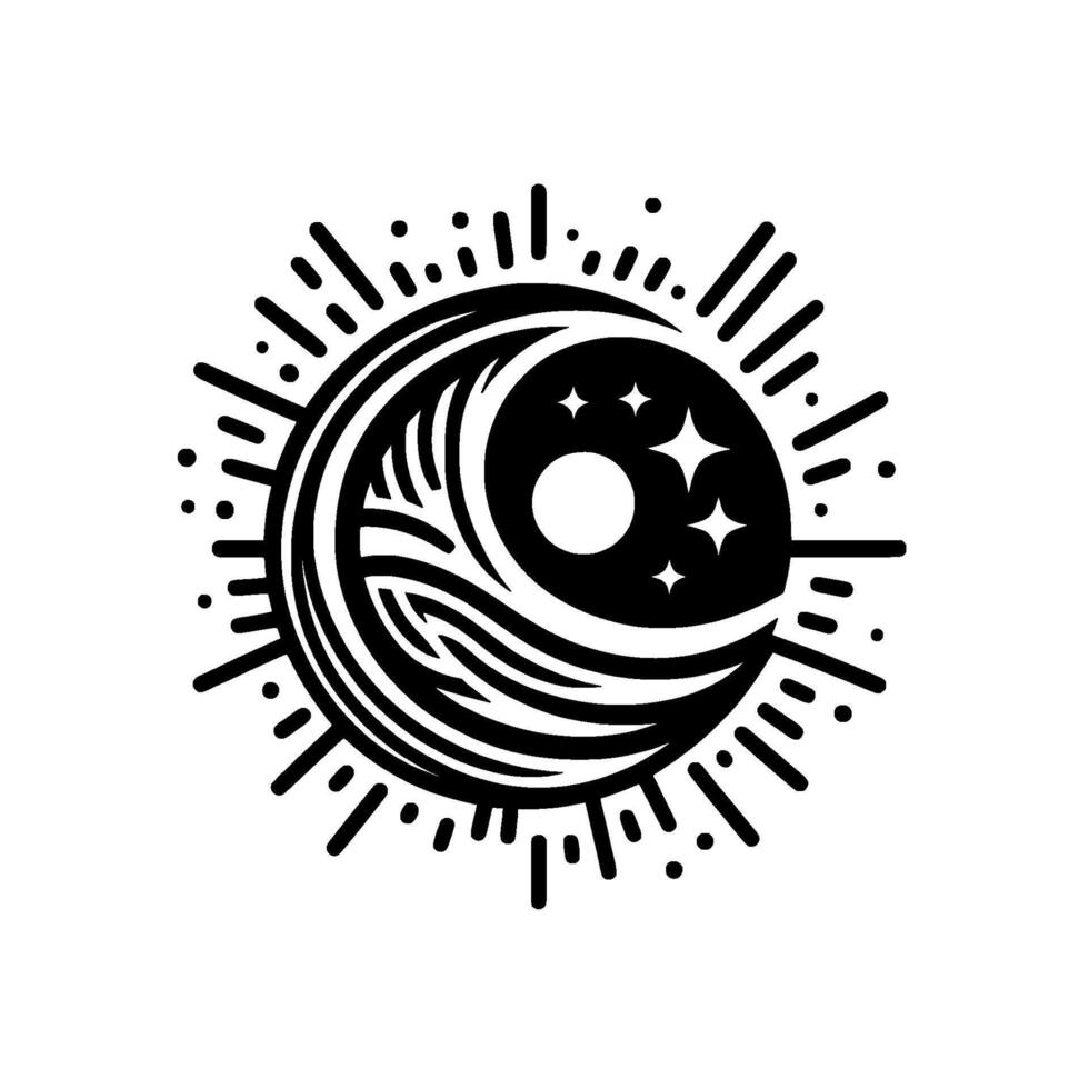 Celestial Harmony Black and White Illustration of a Crescent Moon, Stars, and Waves Surrounded by a Sunburst. vector