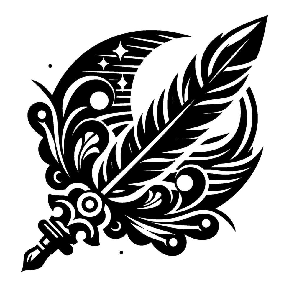 Black White Stylized Quill Pen with Crescent Moon Stars, Intricate Tribal . vector