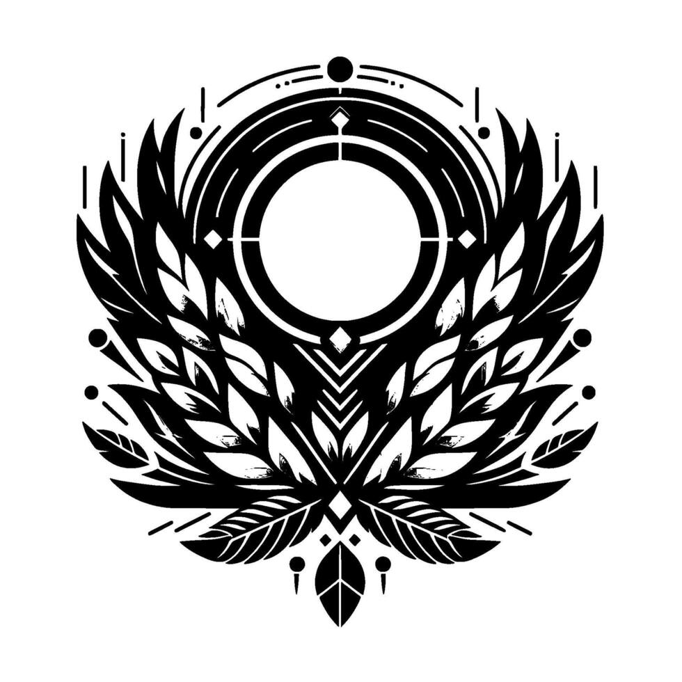 Geometric, symmetrical black and white of stylized leaves and circular elements forming an emblem on a white background. vector