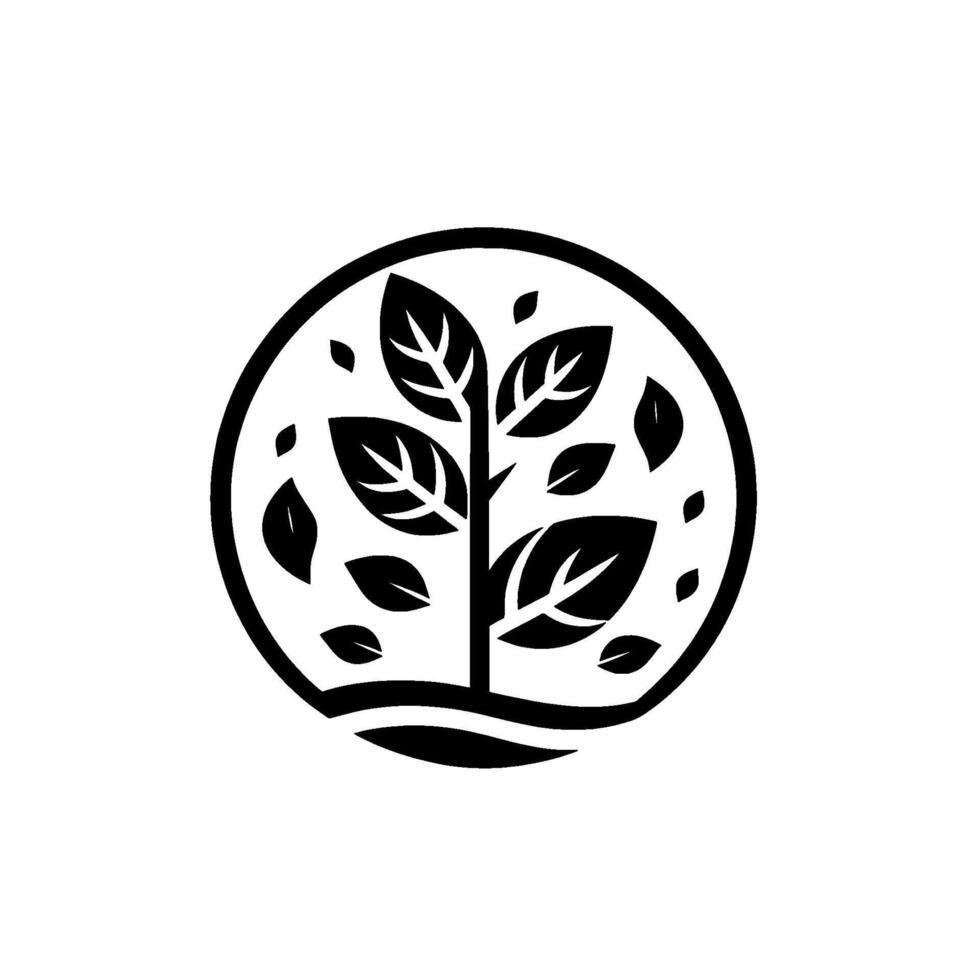 Minimalist Circular of Black Leafy Plant, Symbolic of Nature, Growth, and Ecology, with White Background. vector