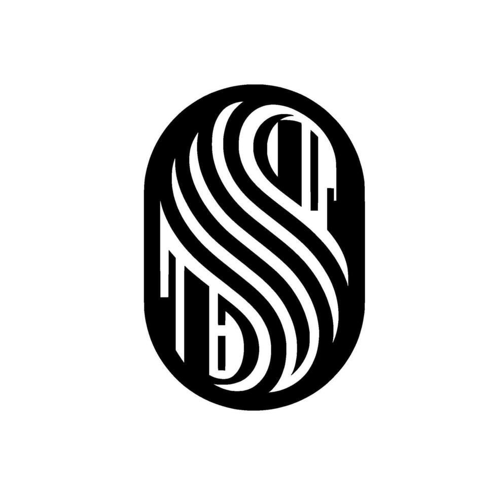 Abstract featuring a black and white emblem composed of flowing curved lines and vertical bars encased within an oval frame, creating a sense of depth and rhythm. vector