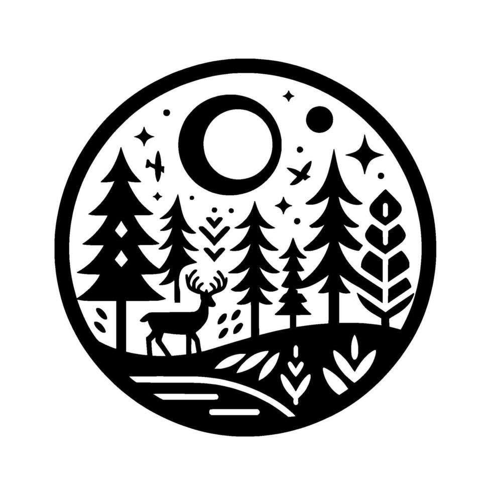 Circular Black and White Illustration of a Forest Scene Silhouette of a Stag, Pine Trees, Moon, Stars and Birds. vector