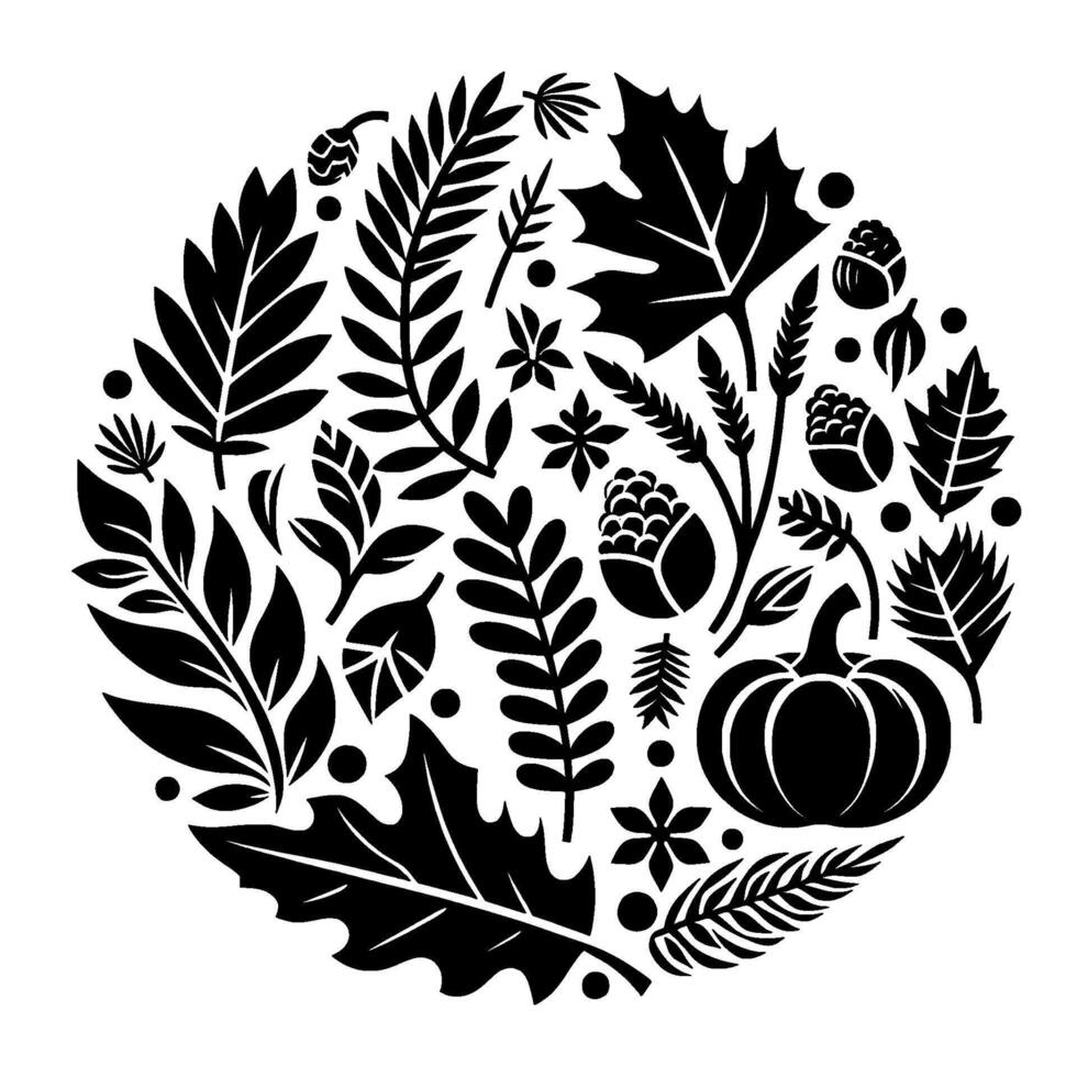 A monochrome circular arrangement of stylized autumn elements leaves, pumpkins, and pinecones, evoking the beauty of fall harvest, in a minimalistic . vector