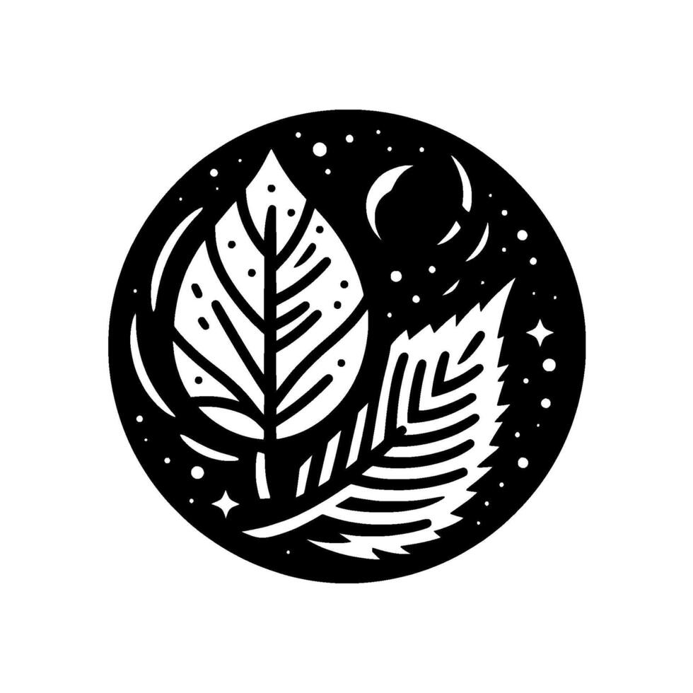 A stylized, black and white circular composition of two leaves, moon and stars, invoking nights serenity. vector