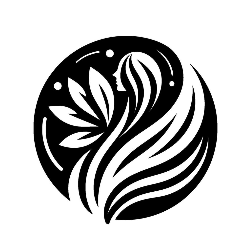 Elegant, monochrome depicting a womans profile intertwined with leaves and flowing lines, enclosed within a circle. vector