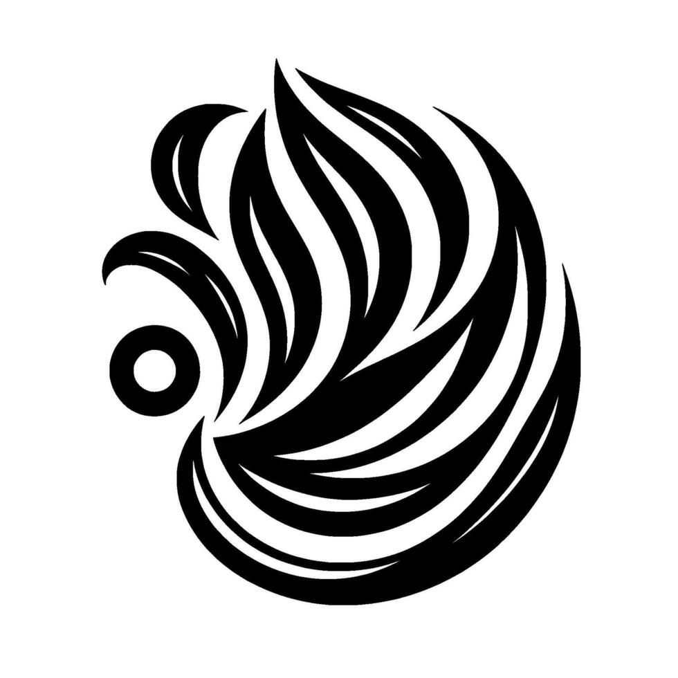 Abstract Black and White Illustration of a stylized flowing organic form, evoking feathers or leaves with a central eyelike circle. vector