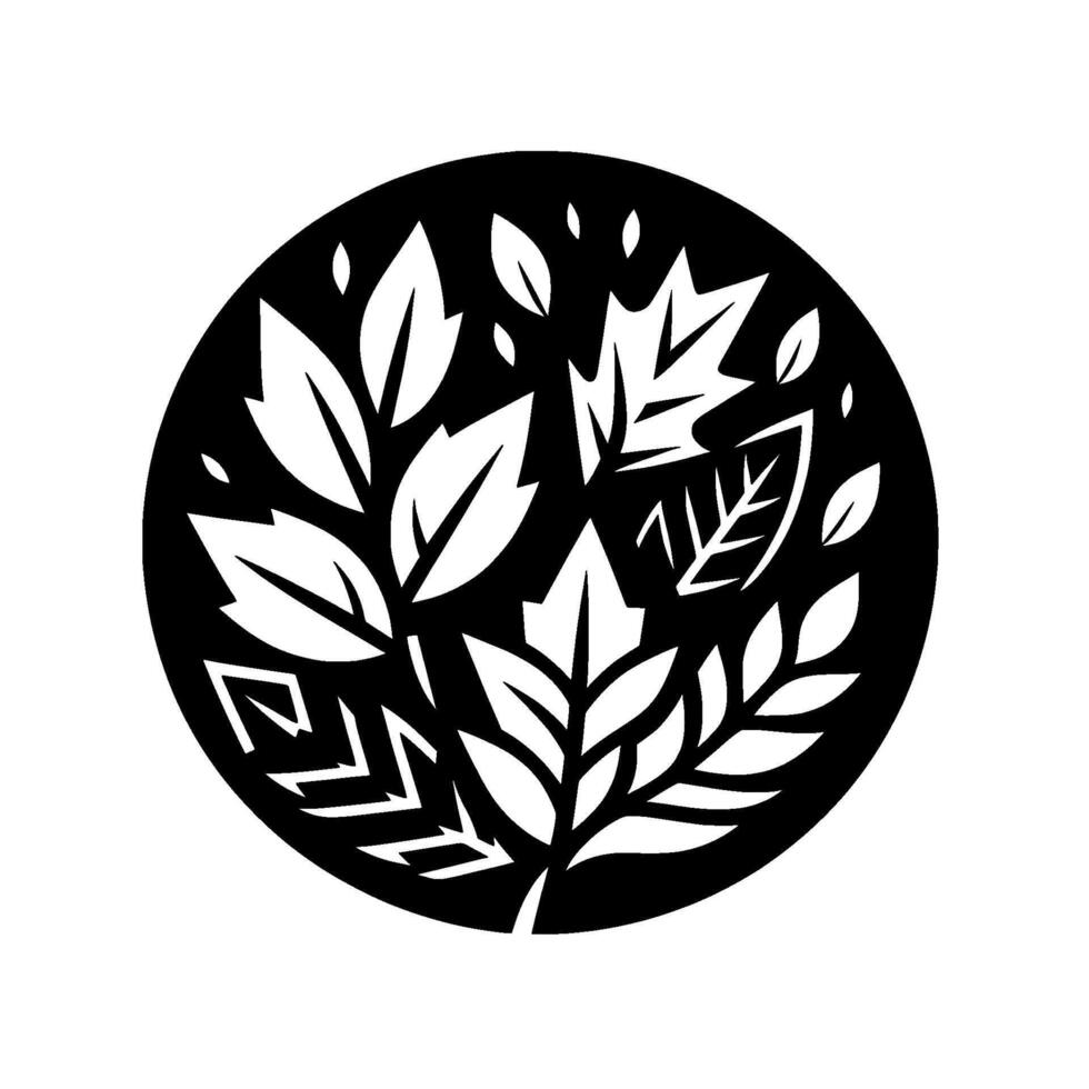 Circular monochrome illustration of various stylized white leaves set inside a black circle against a white background. vector