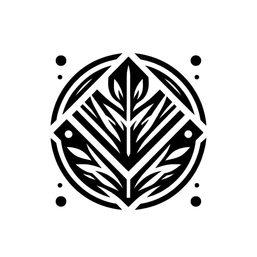 Geometric Black and White Emblem Central Leafy Pattern with Stylized Fish Motifs, Surrounded by Circle and Dots, Minimalist Aesthetic. vector