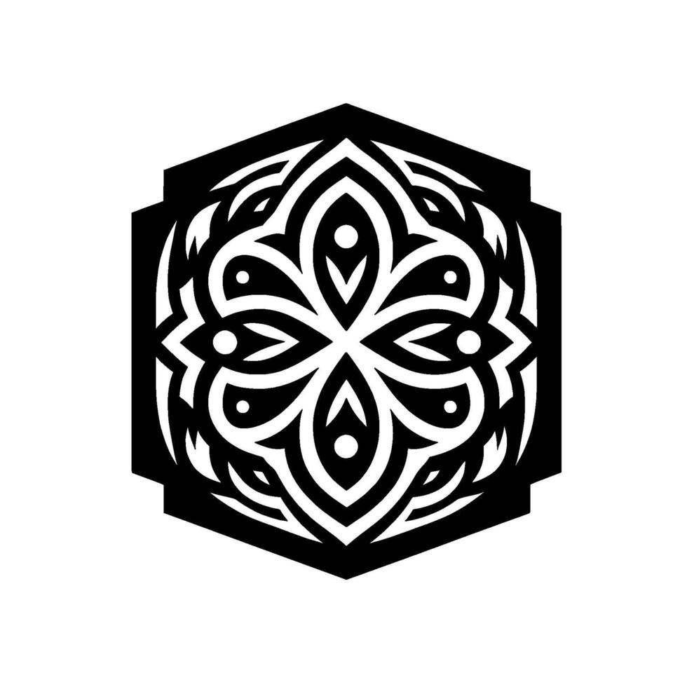 Intricate Black and White Hexagonal Mandala with Floral Symmetry and Decorative Ornaments on a Solid White Background vector
