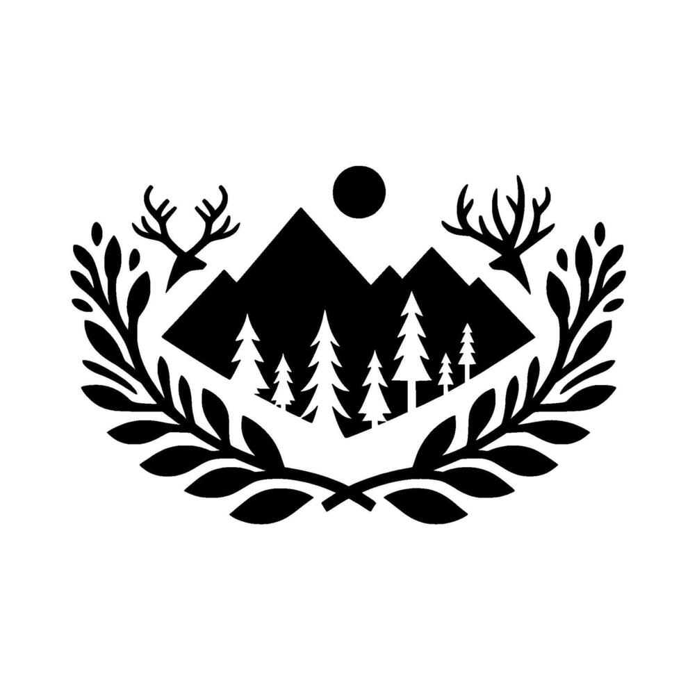 Minimalist Monochrome Emblem Mountains, Forest, Antlers, and Foliage Under a Simple Circle vector