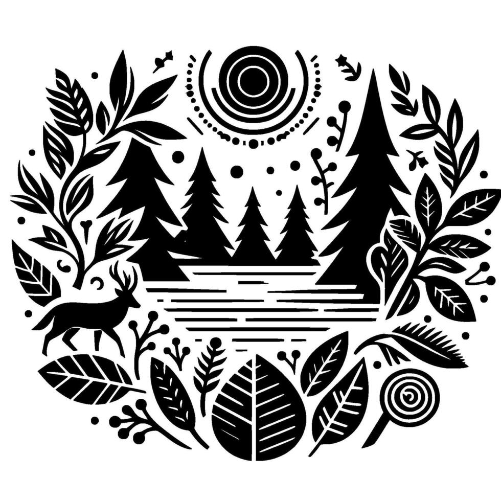 Intricate Black and White Nature Illustration Forest Scene with Deer, Sun, Leaves, and Trees in a Circular Composition. vector