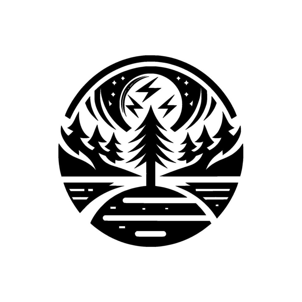 A stylized black and white circular emblem showcasing a forest scene at night with lightning bolts illuminating the sky above silhouetted trees and water. vector