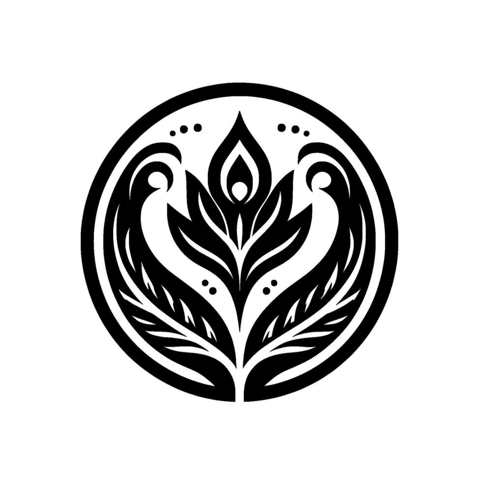 Elegant Black and White Floral Mandala Centered Within a Circular Frame on a White Background, Depicting Stylized Leaves and Petals. vector