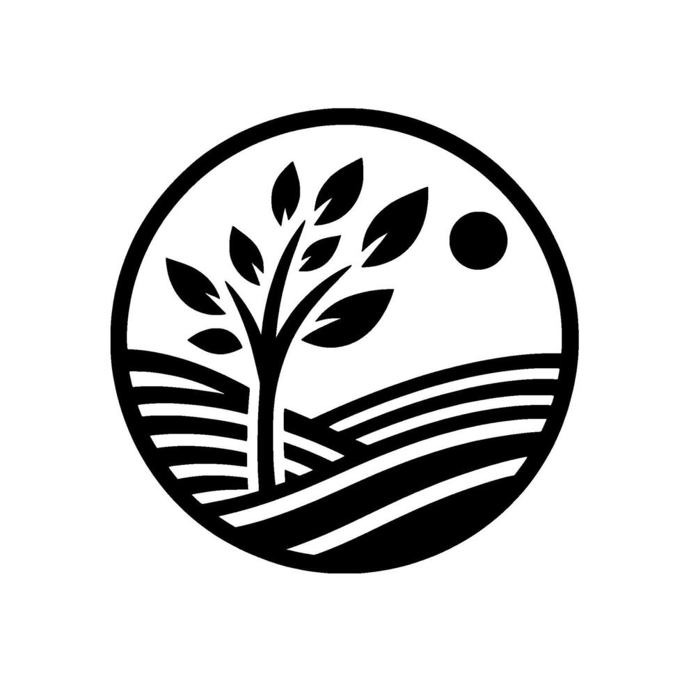Minimalist Black and White Circular Illustration of a Tree, Fields, and Sun, Emphasizing Natures Beauty. vector