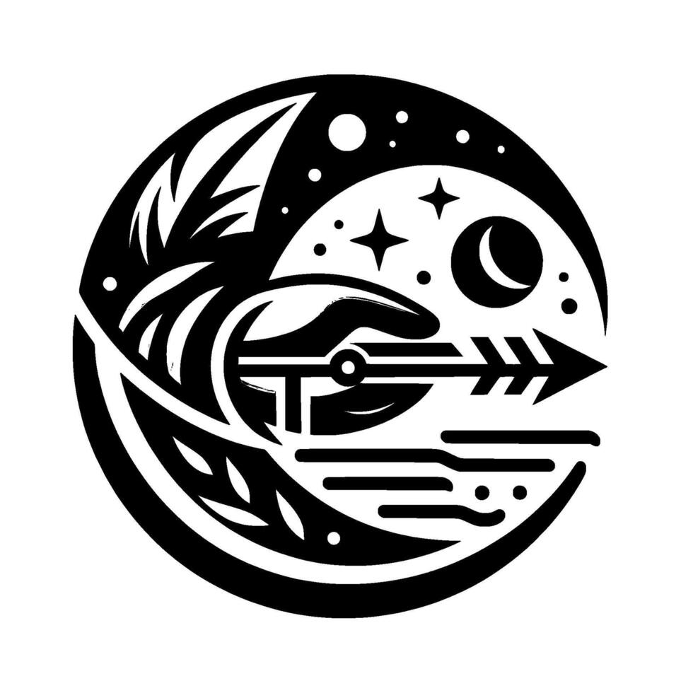 Black and White Celestial Emblem Hand Holding an Arrow Aiming Towards the Stars in a Circular Composition. vector