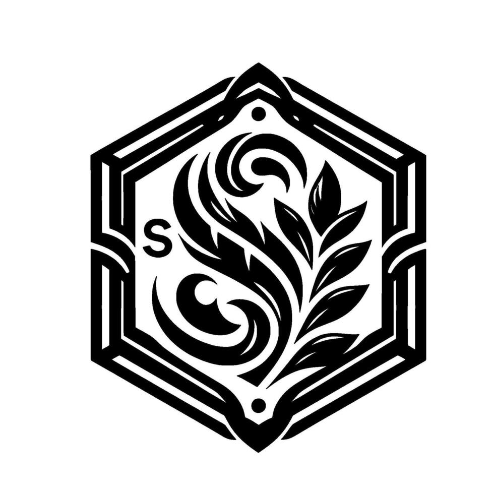 Ornate Black and White Hexagon S letter integrated with stylized floral elements, enclosed within a geometric, ornamental border. vector