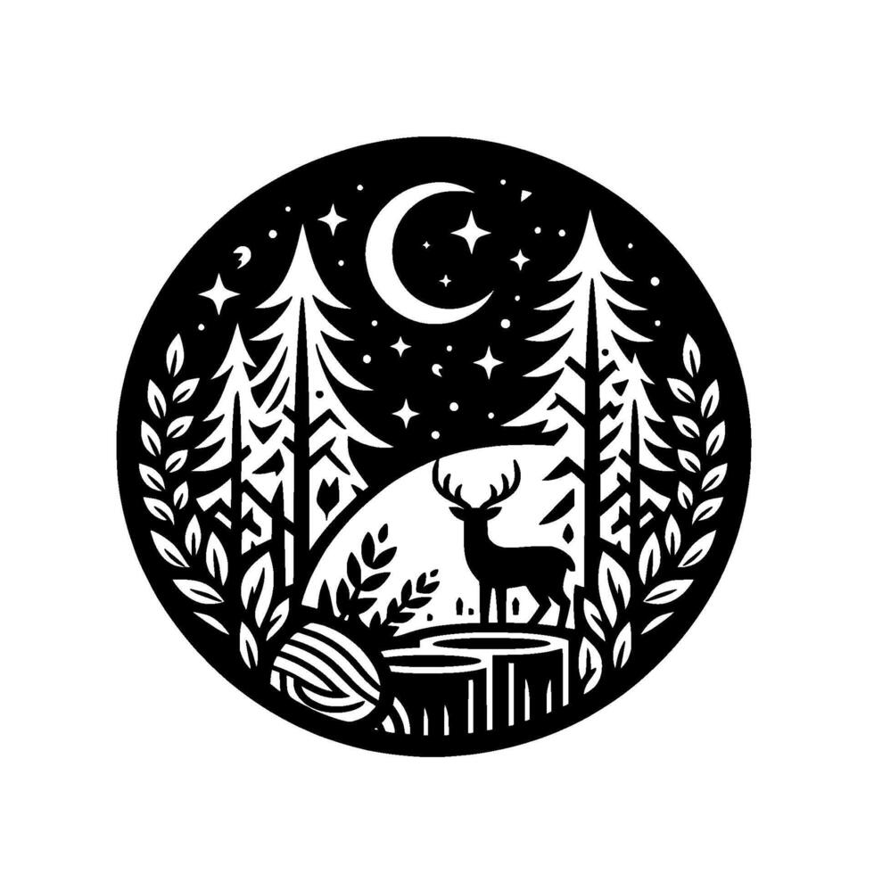 A serene silhouette of a deer standing on a tree stump under a starry night sky and crescent moon, nestled amongst pine trees and foliage, within a circular . vector