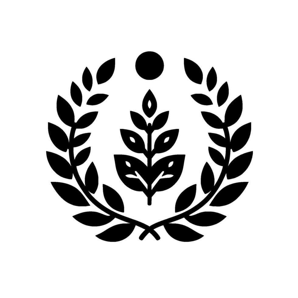 Black and white minimalist emblem featuring a central stylized plant with leaves, encircled by a laurel wreath and topped by a single circle. vector