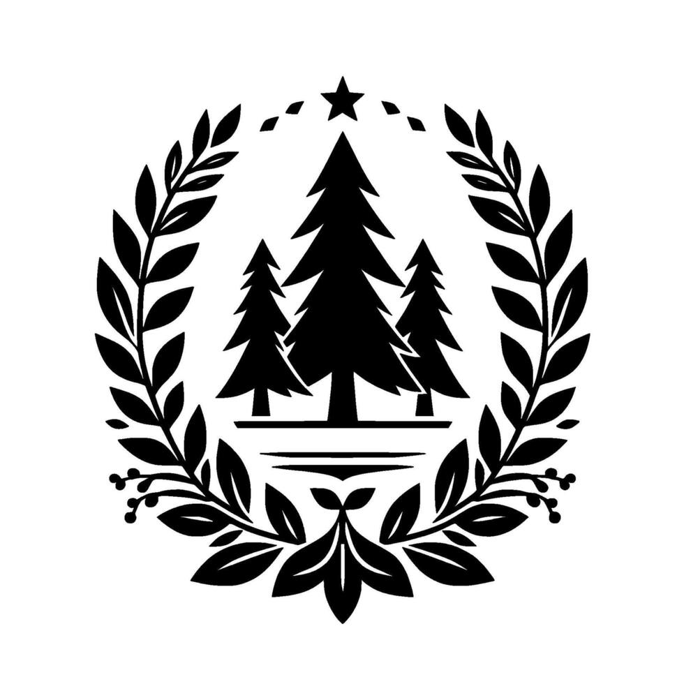 Black and White Emblem Evergreen Trees, Star, and Laurel Wreath Representing Wilderness, Nature, and Outdoors. vector