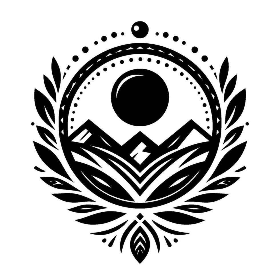 Intricate black and white nature mandala emblem featuring a sun, mountains, and foliage within a dotted circular frame. vector